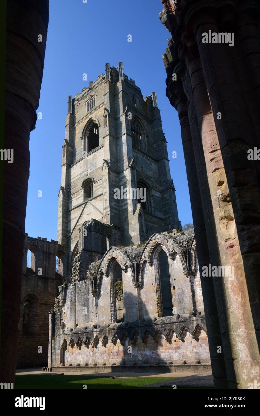 Huby’s Tower (The Bell Tower) named after Abbott Marmaduke Huby  in Fountains Abbey and Studley Royal Water Garden, North Yorkshire, England, UK. Stock Photo