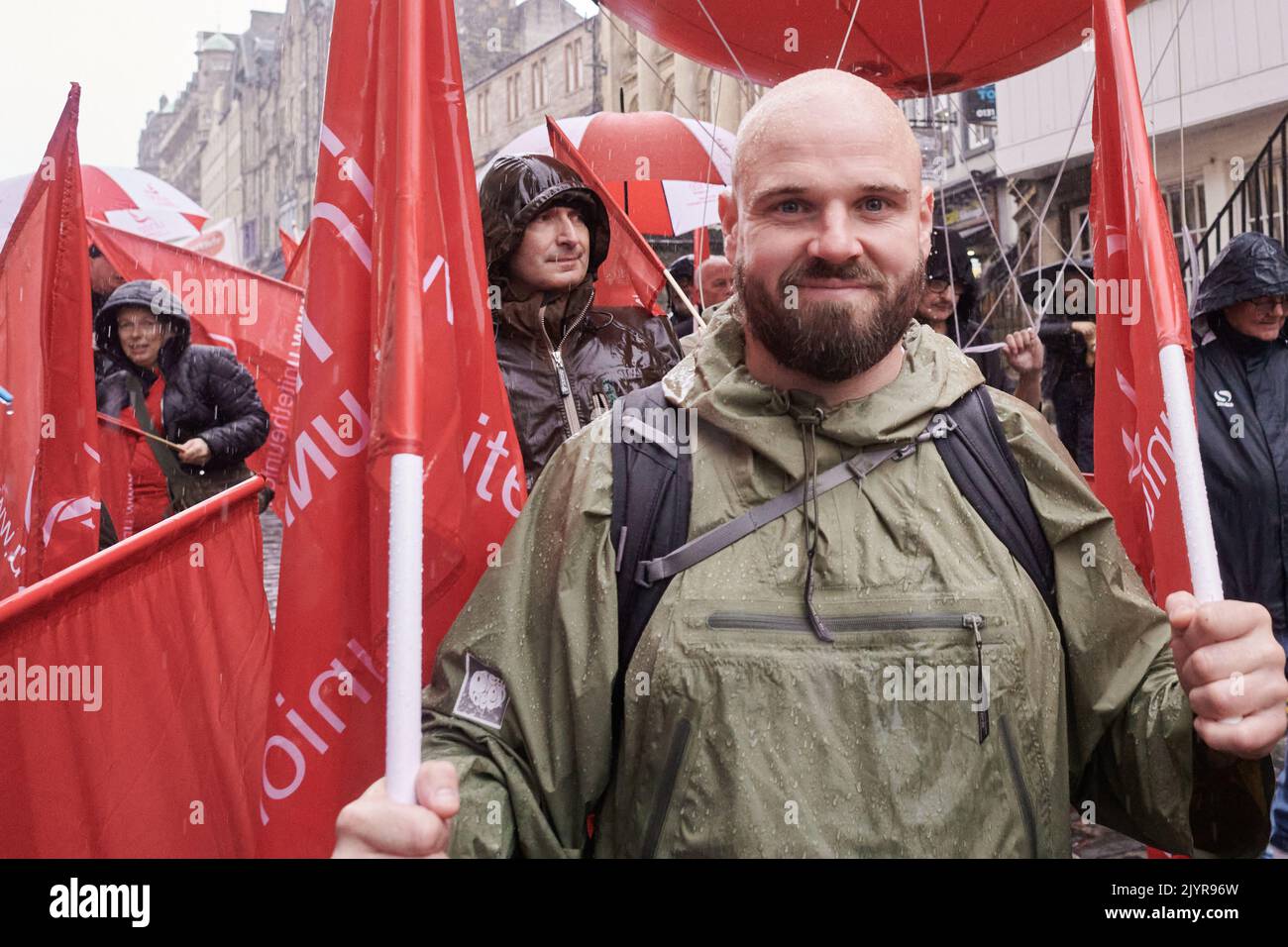 Edinburgh Scotland, UK 08 September 2022. Scottish Trades Union Congress are joined by workers, unions and organisations and march through Edinburgh to the Scottish Parliament to demand a pay rise for public sector workers. credit} Credit: SST/Alamy Live News Stock Photo