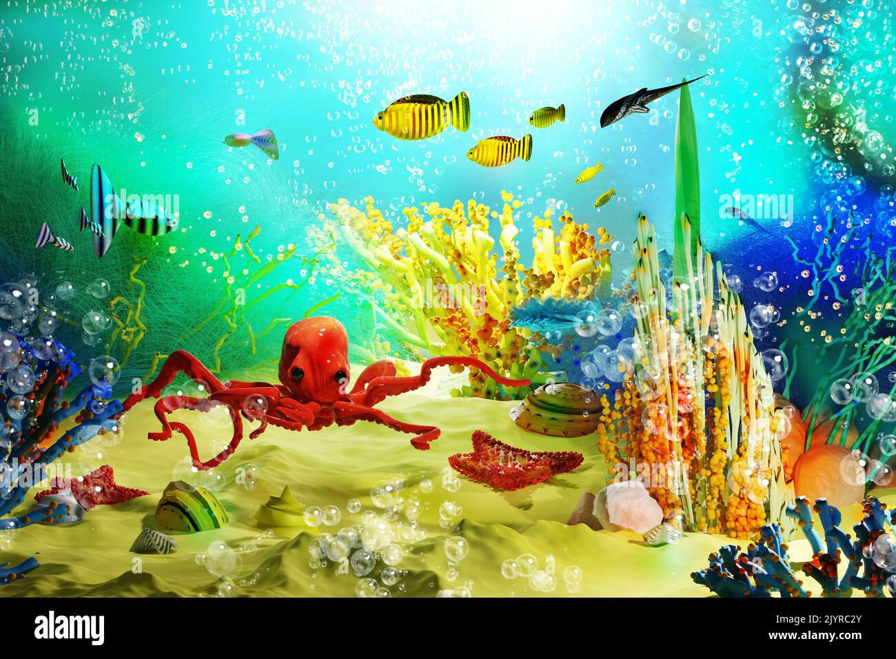 Underwater world cartoon. Sea life with octopus, swimming fish and coral reef. 3D render illustration. Stock Photo