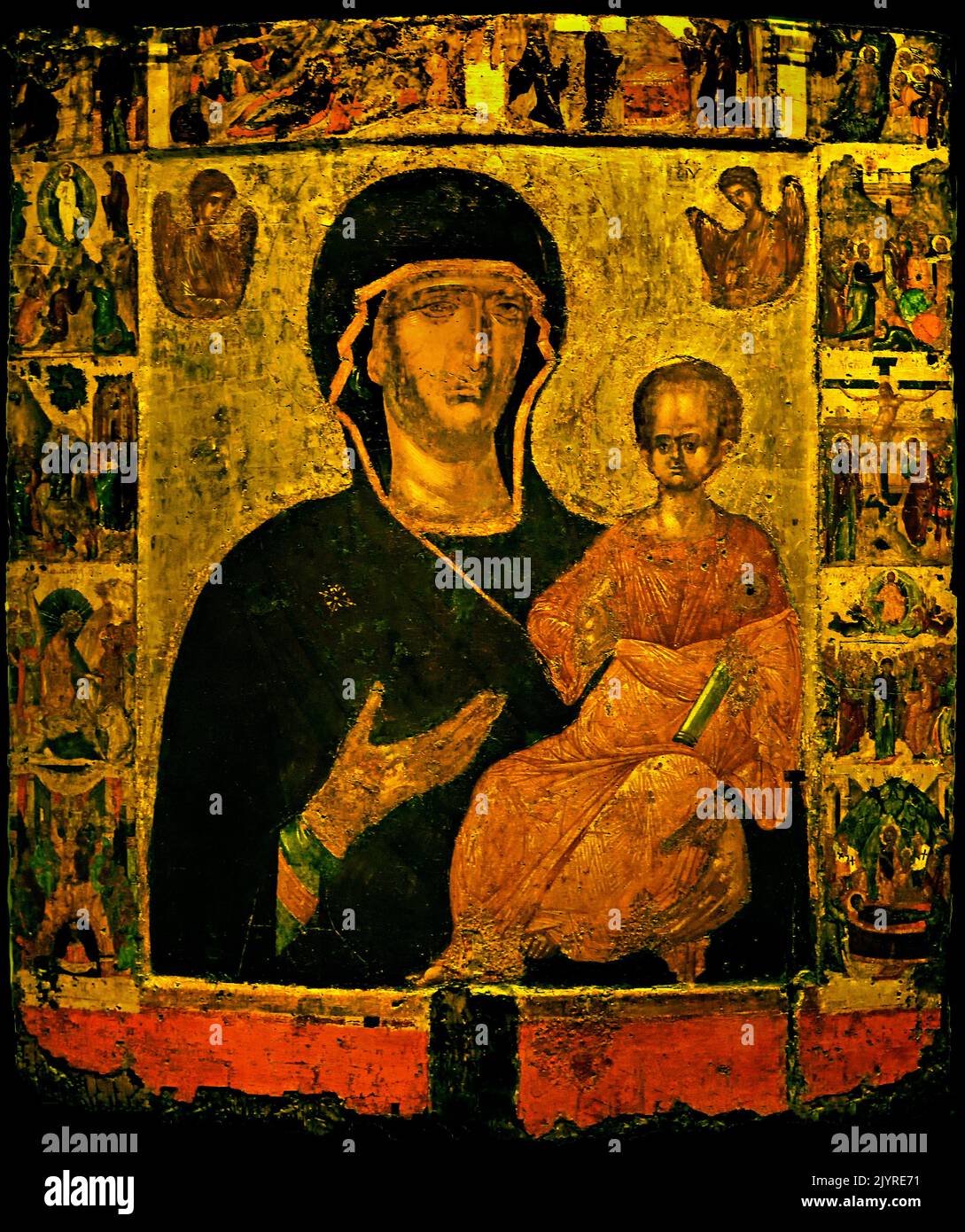 Virgin surrounded by scenes of the Twelve Great Feasts and The Preparation of the Throne ( Byzantine and Christian Museum in Athens, ( 14th century bilateral icon was carried as a processional icon ) Stock Photo
