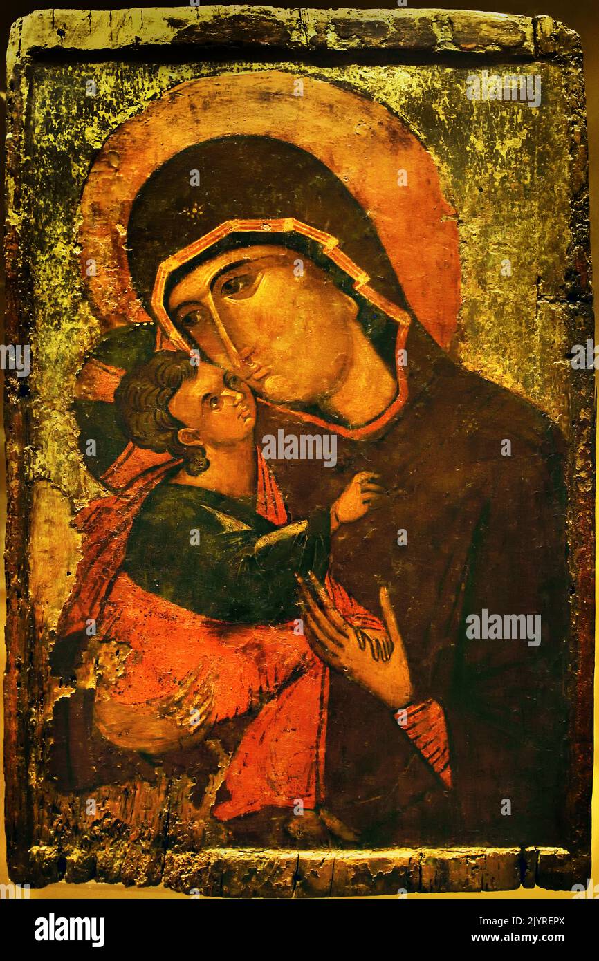 Virgin of Tenderness (Glykophilousa) from Berroia 14th Century, Byzantine and Christian Museum in Athens, Stock Photo
