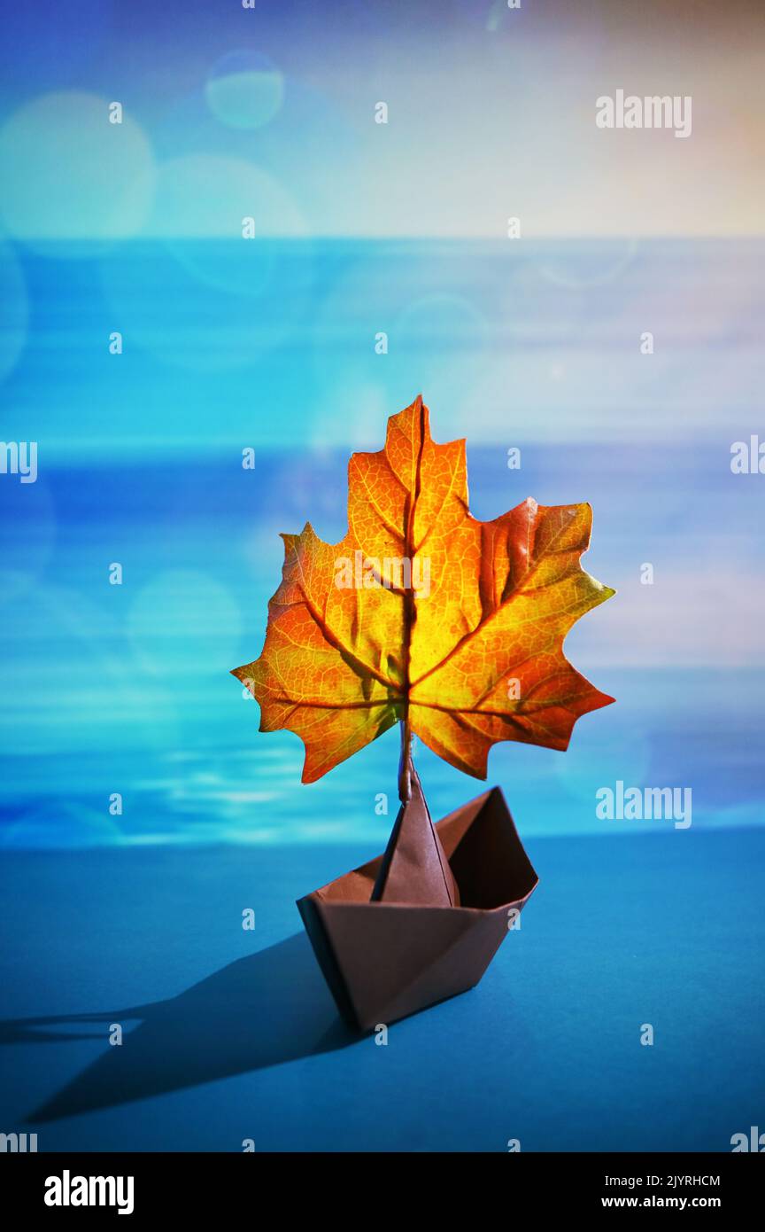 Abstract Paper Boat With A Maple Leaf On A Pond Stock Photo