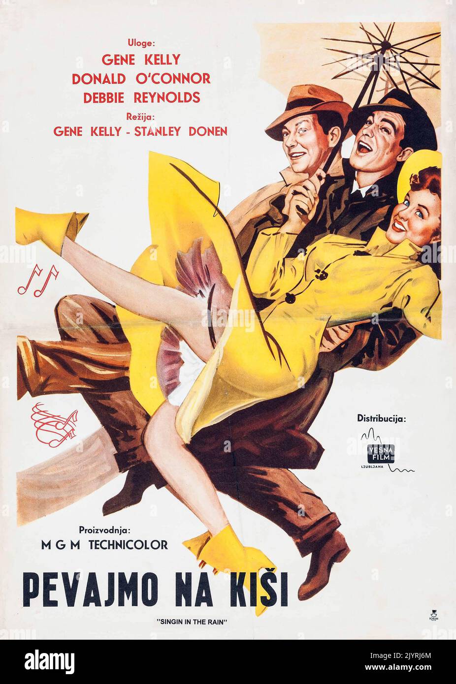 Old movie poster - Singin' in the Rain (Vesna, R-1964). Yugoslavian film poster - Musical feat Gene Kelly Donald O'Connor Debbie Reynolds Stock Photo