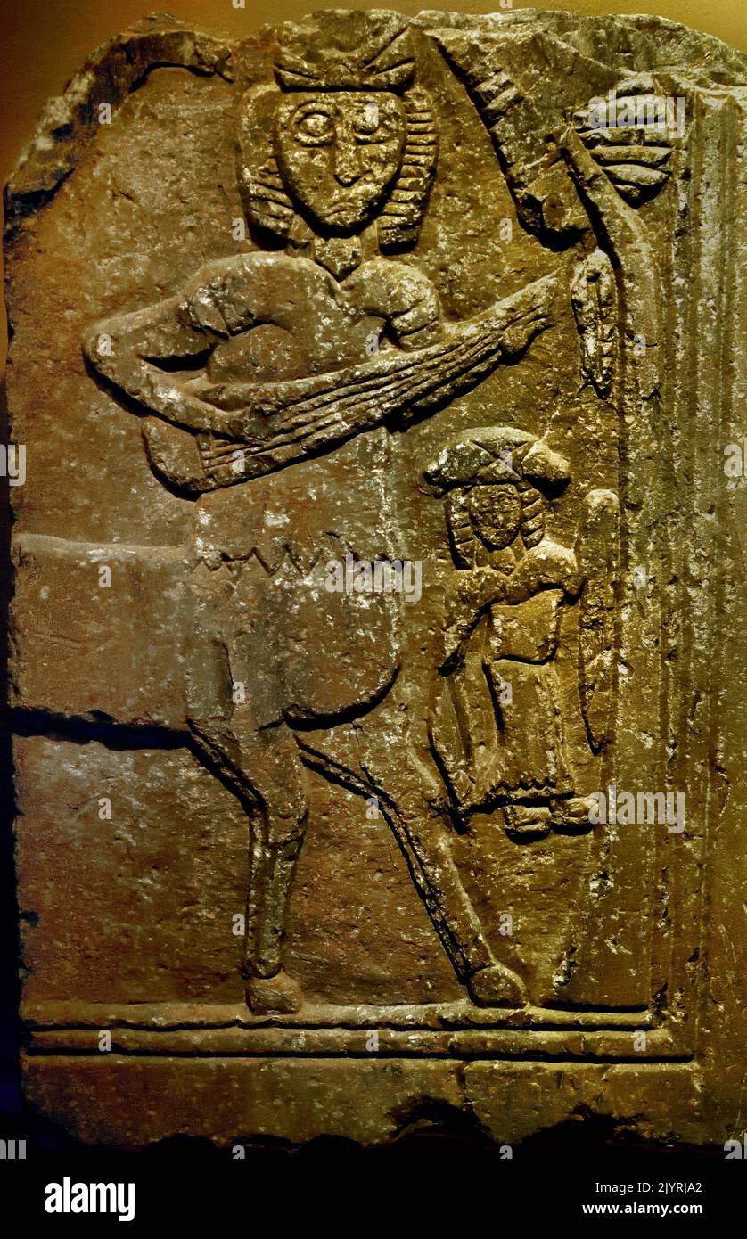 Plaque with a mythological scene, From the castle of Lamia 13th Century,  Byzantine and Christian Museum in Athens, Stock Photo