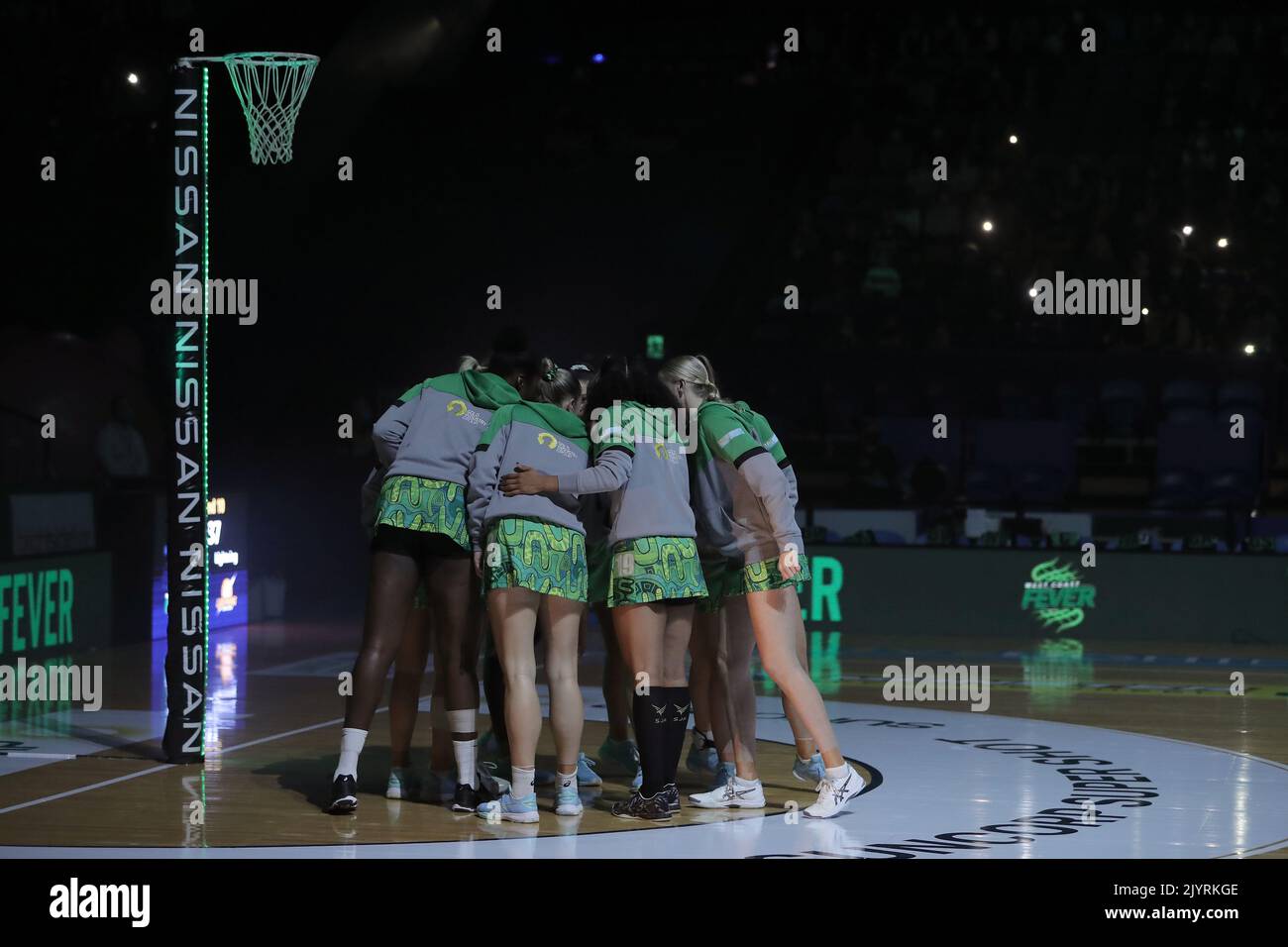 West Coast Fever players huddle before the Super Netball Round 10 match ...