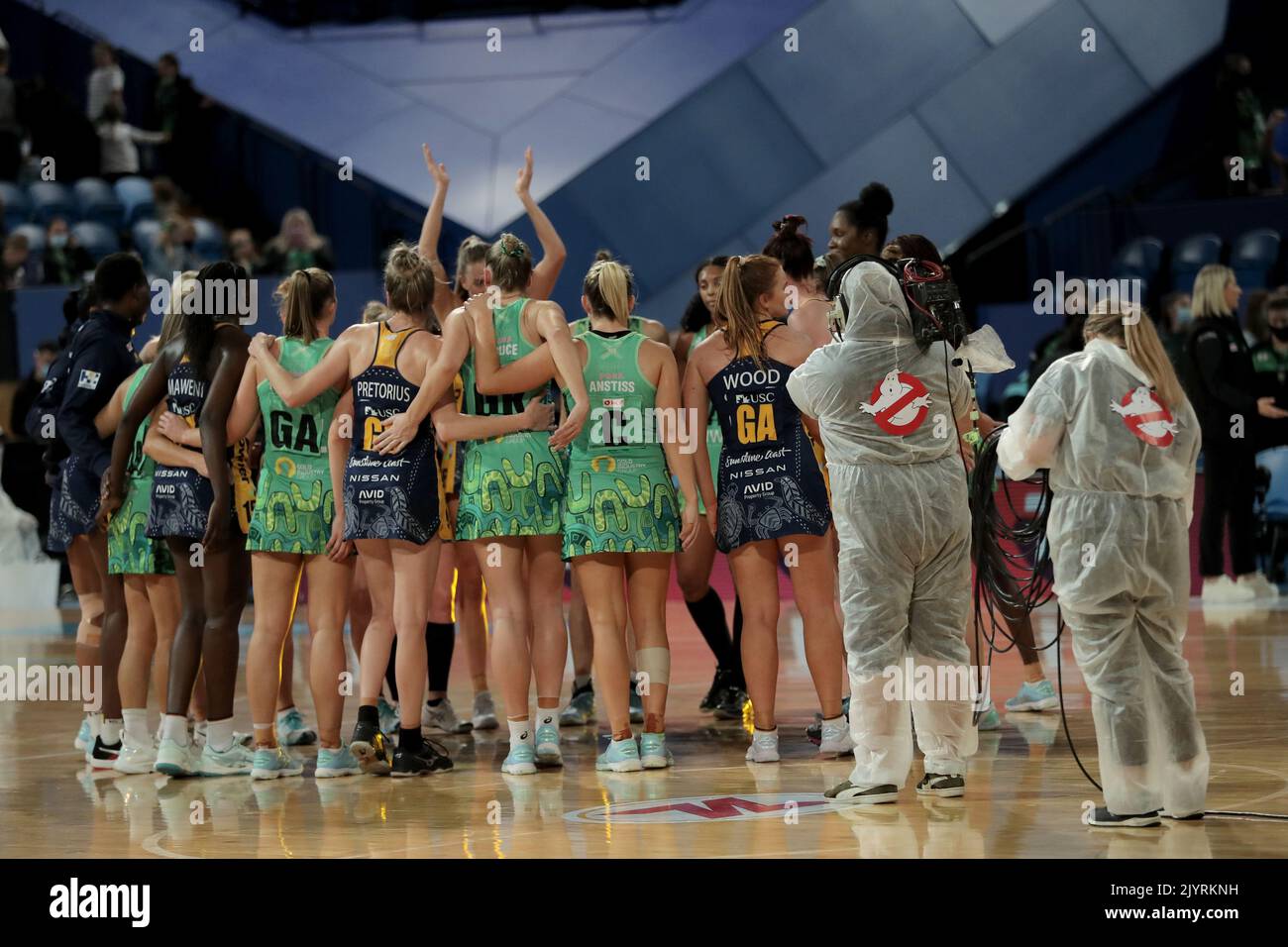 Teams huddle after the Super Netball Round 10 match between West Coast ...