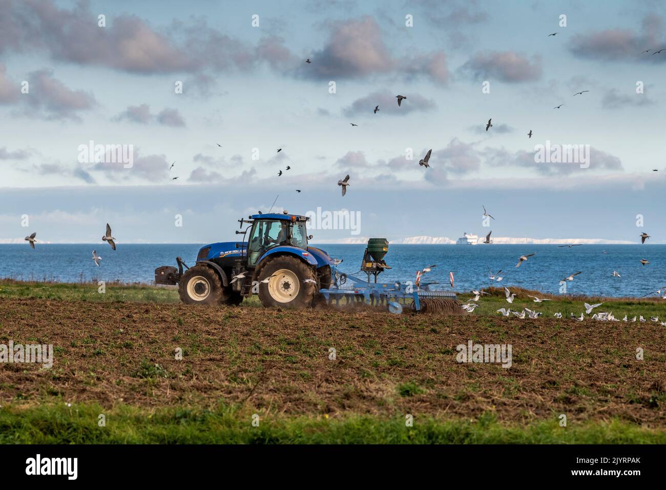 Farmer stubble ploughing his field, Côte d'Opale, Pas de Calais, France Stock Photo