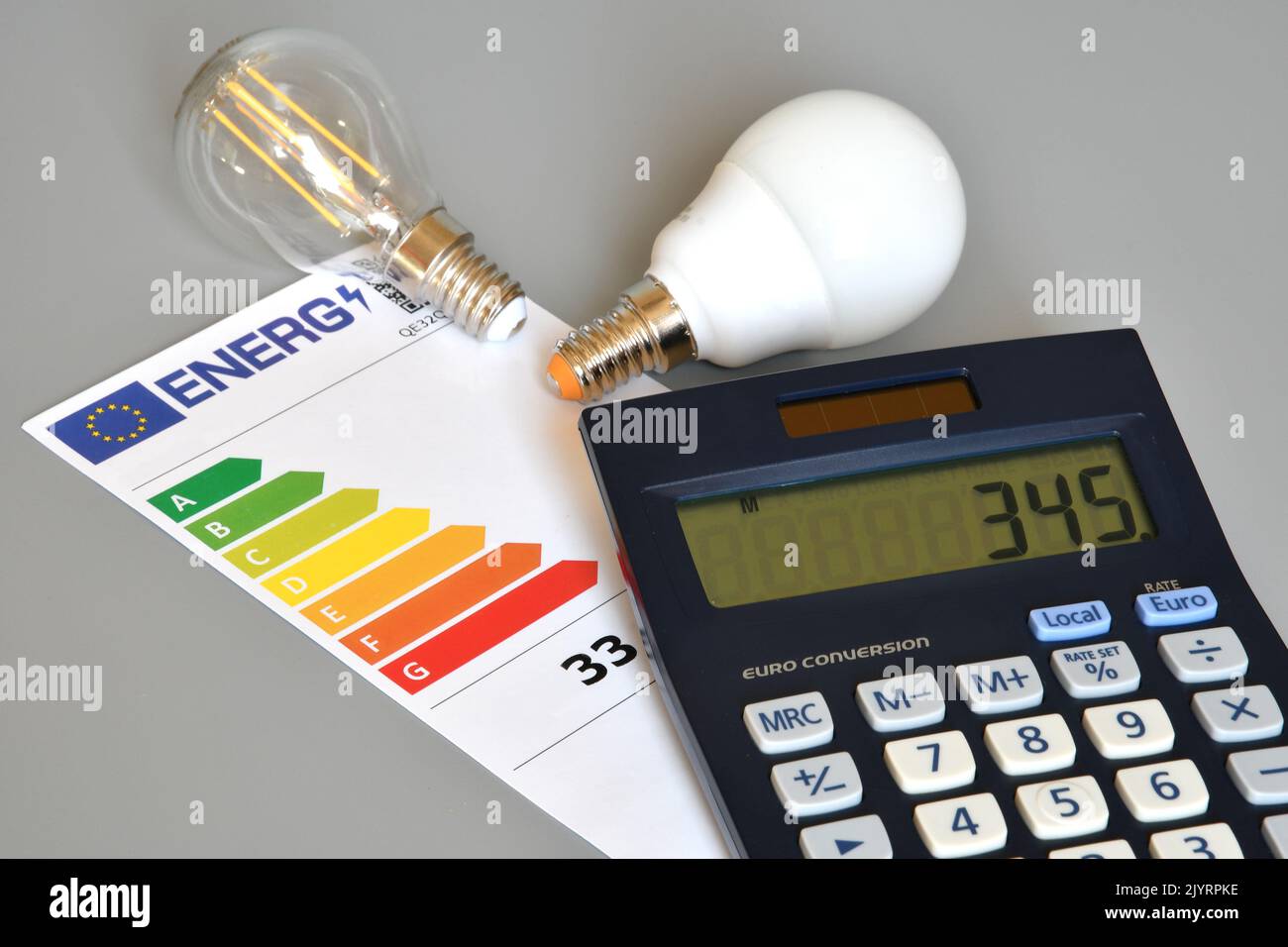 Energy efficiency rating table with light bulbs and calculator on grey