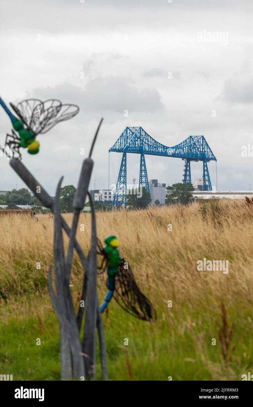 View of the Tees Transporter Bridge from RSPB Saltholme, Middlesbrough England Stock Photo