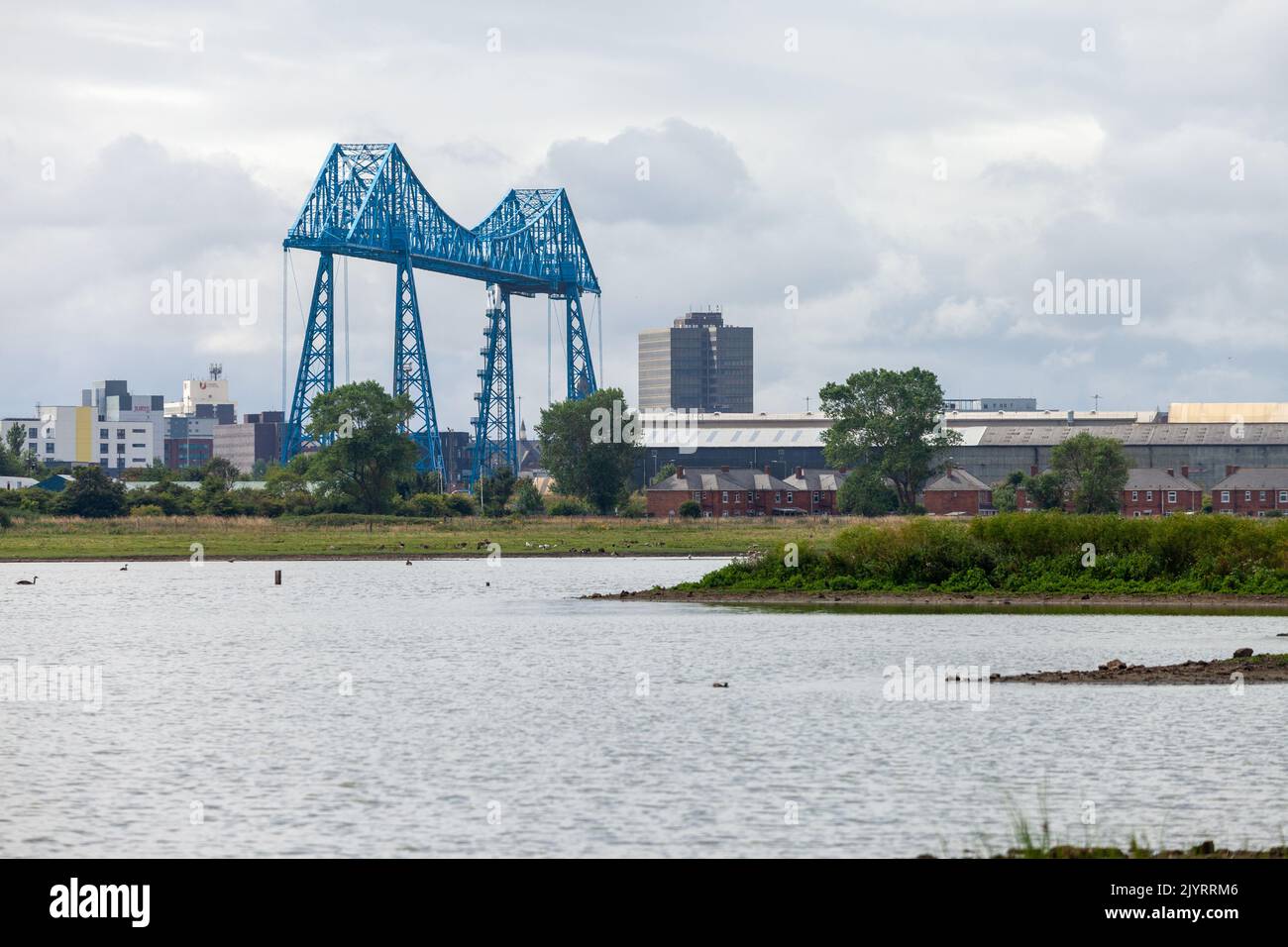 View of the Tees Transporter Bridge from RSPB Saltholme, Middlesbrough England Stock Photo