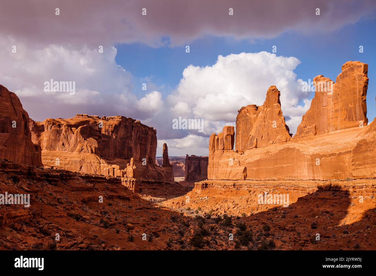Entrada sandstone walls of Park Avenue canyon in Arches National Park