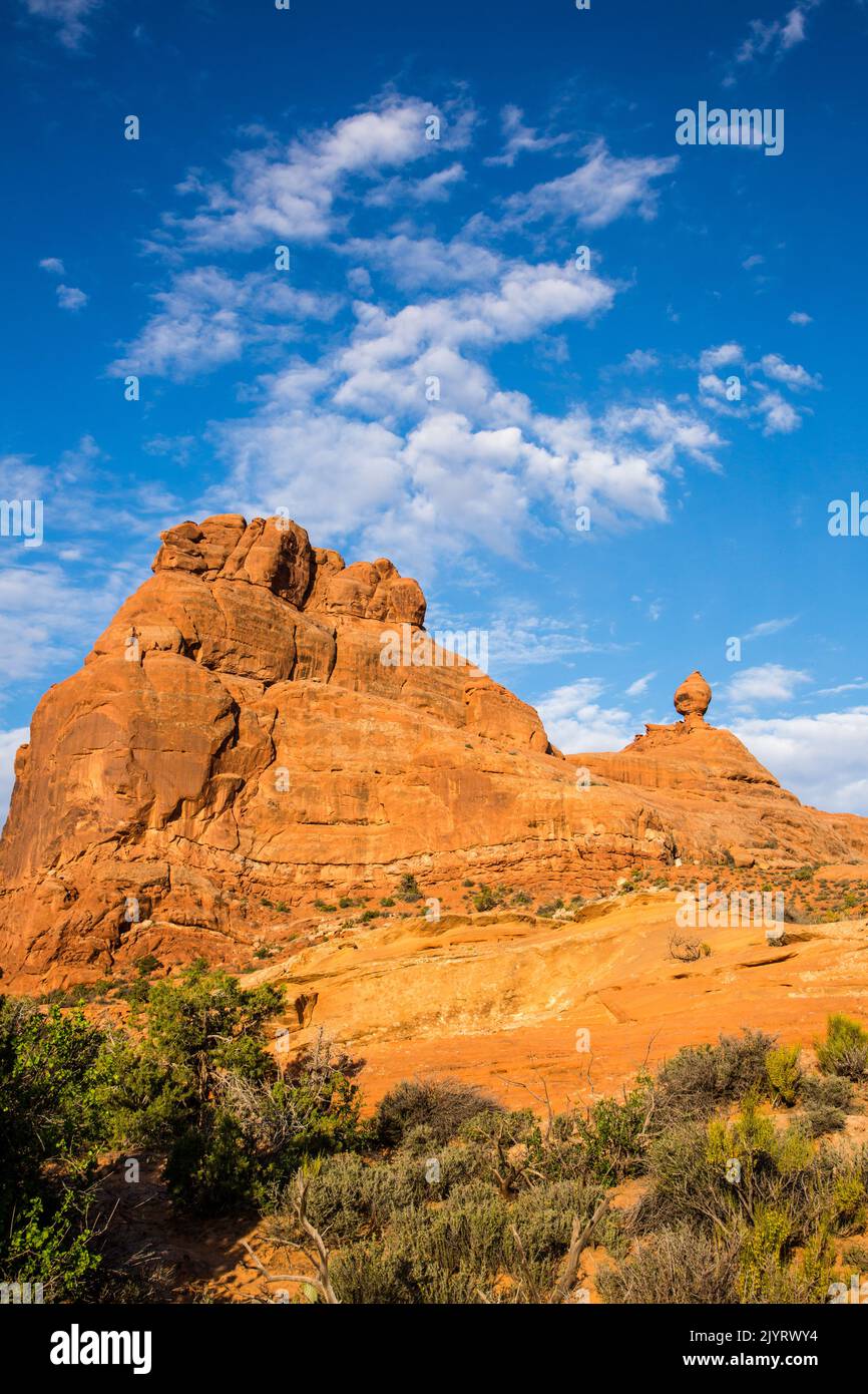 Ham Rock atop Ham Rock Butte, an Entrada sandstone rock formation in Arches National Park, Moab, Utah. Stock Photo