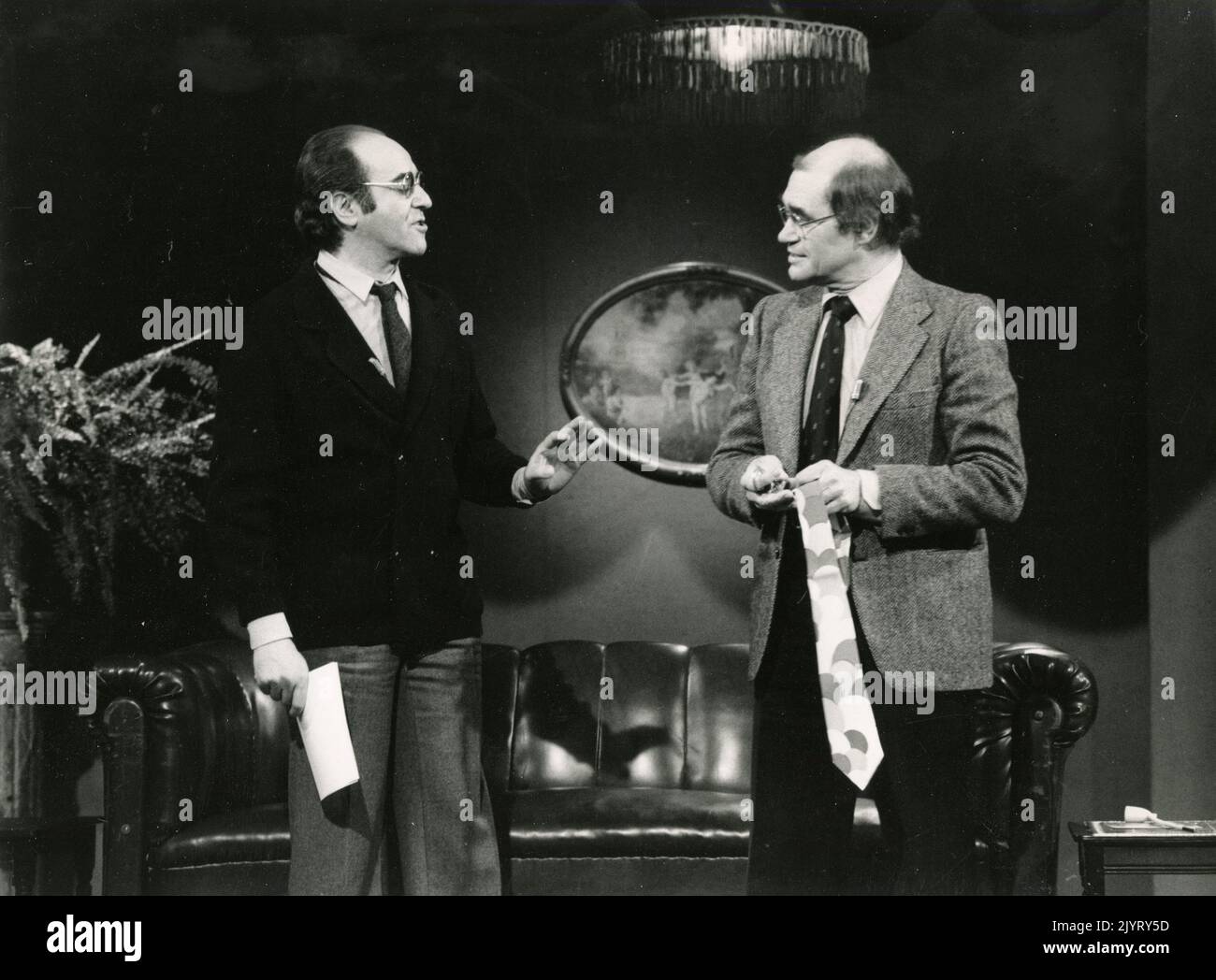 German entertainer Alfred Biolek and television presenter Dieter Thoma presenting the talk-show Kolner Treff, Germany 1970 Stock Photo
