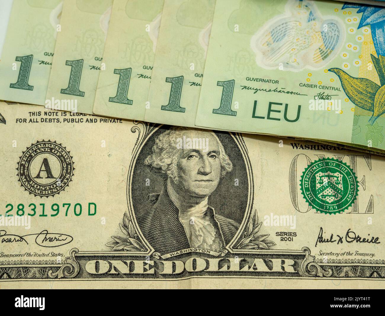 bankotes of romanian leu ron and dollar exchange concept Stock Photo