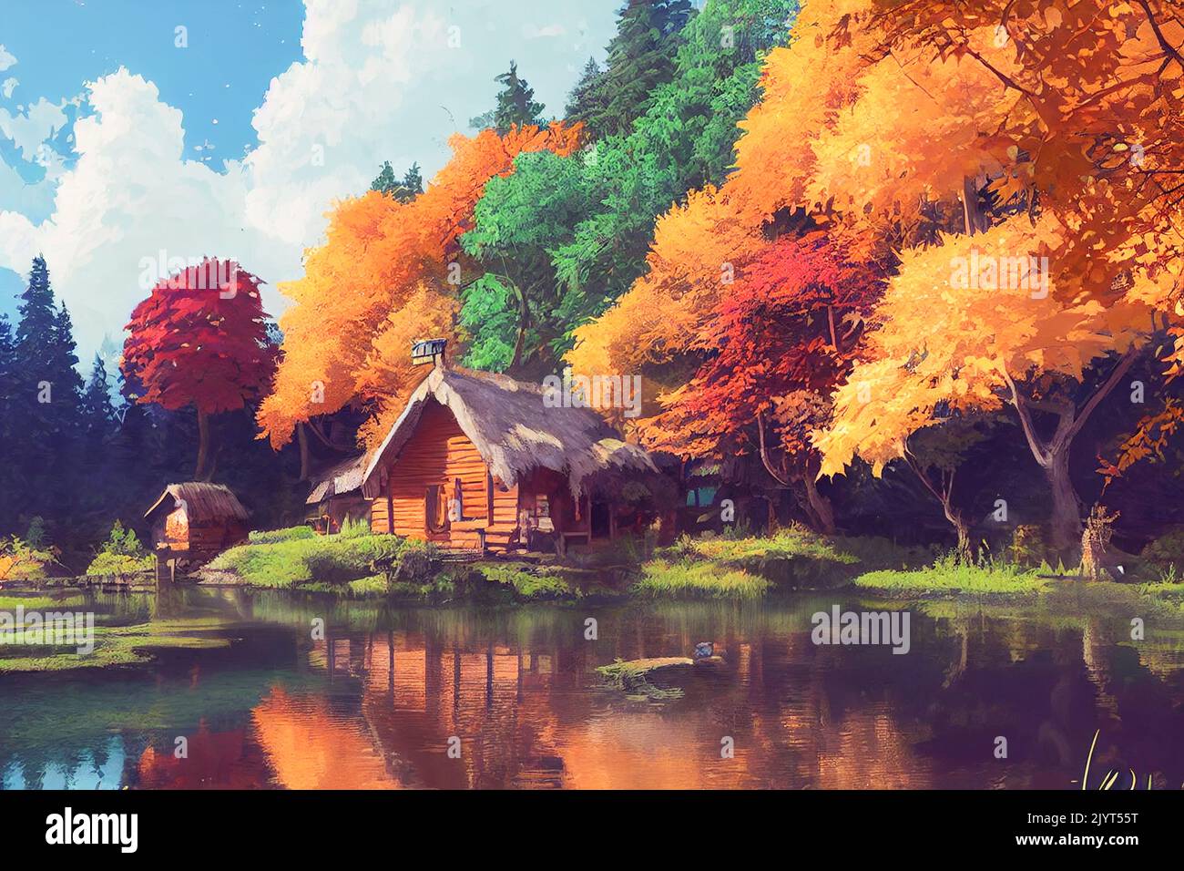 3D render digital painting of cabin near a river in the redwood forest