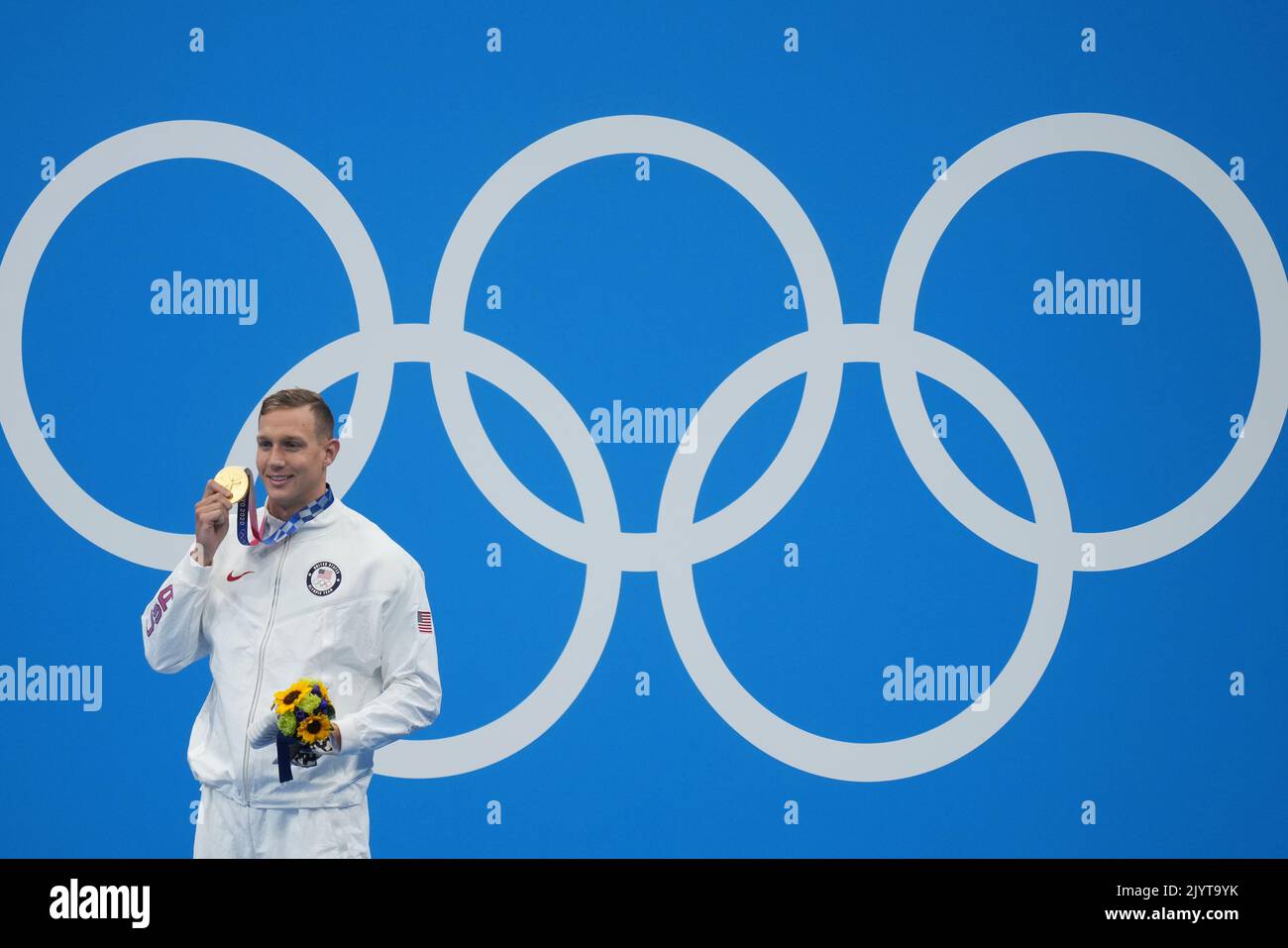 Caeleb Dressel of the USA with his Gold medal for the Mens 50m ...