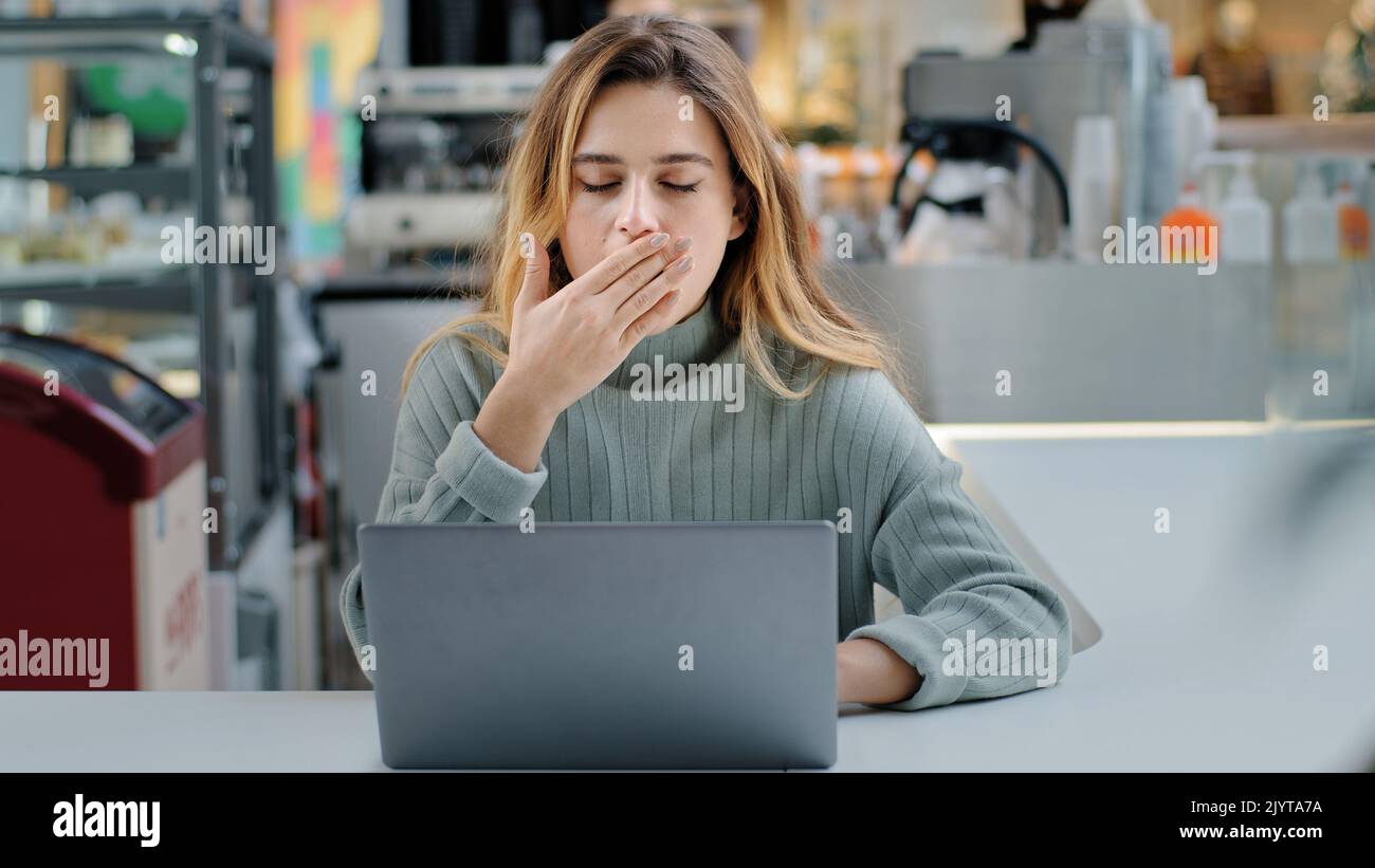 Tired exhausted business woman student girl closes laptop stop working