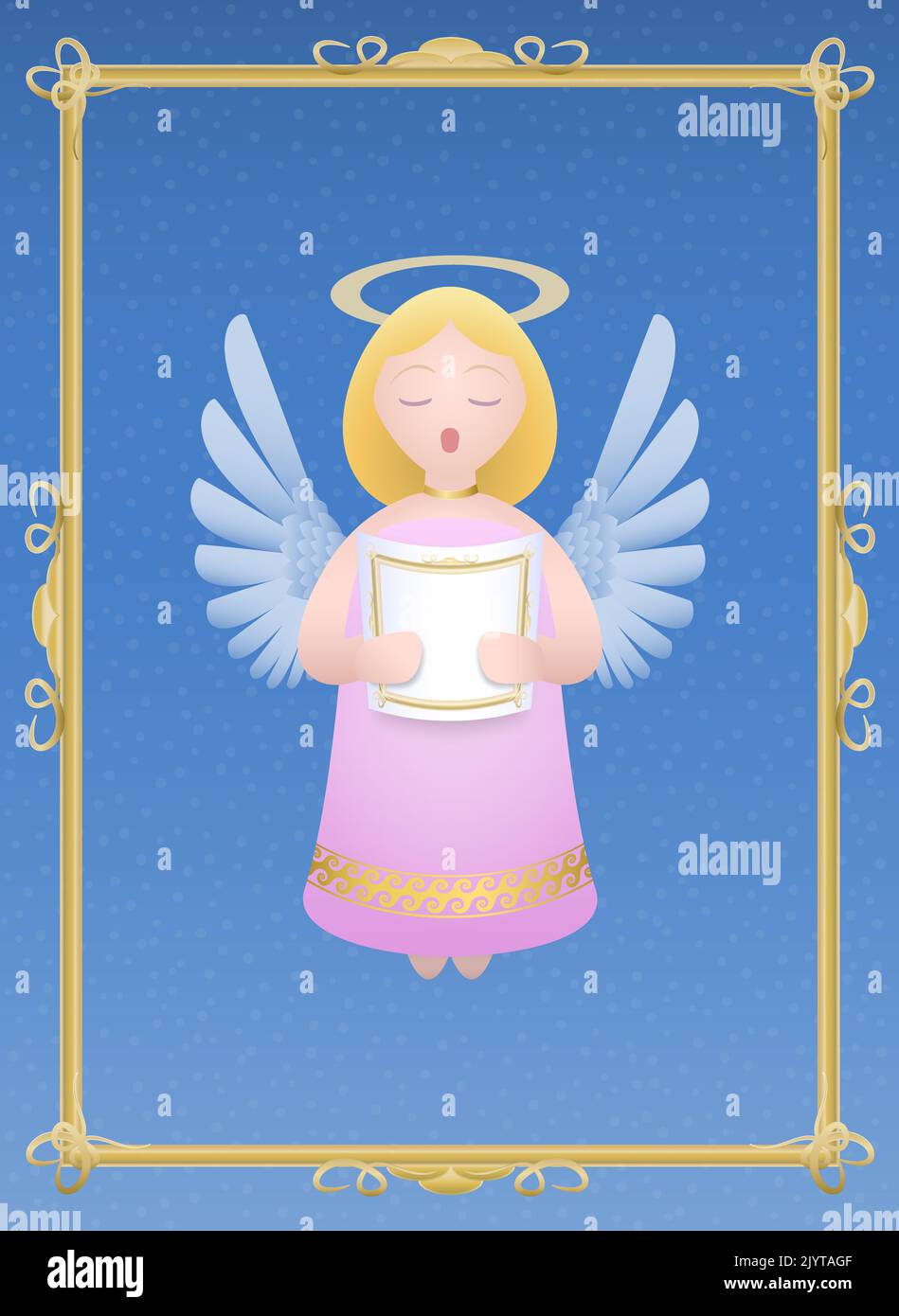 Singing christmas angel with gloriole, blond hair, pink dress, white wings and music sheet - illustration on snowfall background with golden frame. Stock Photo