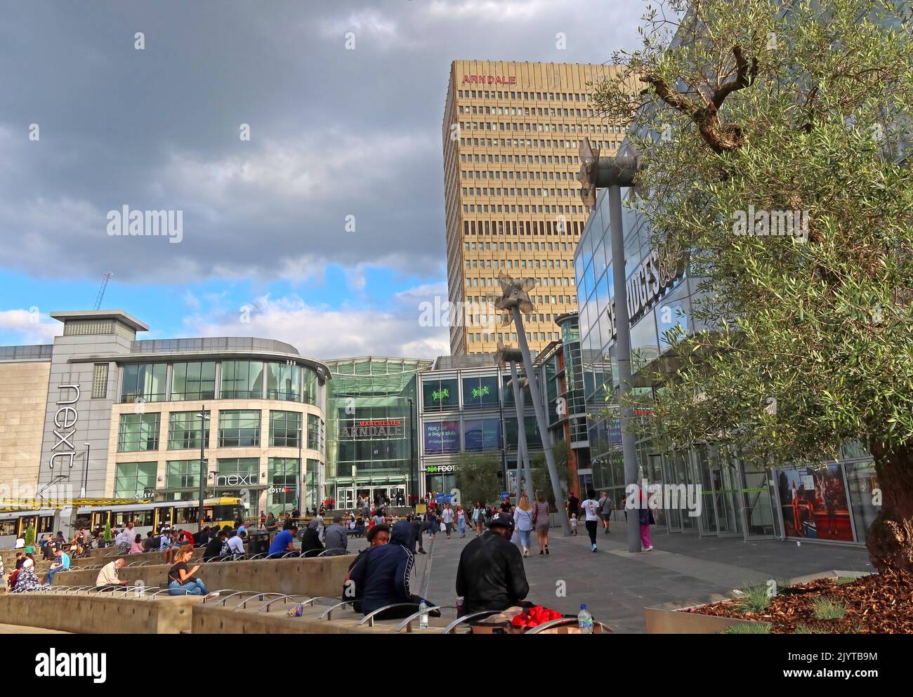 Exchange Square, Manchester - Public area with Next, Arndale Centre, Selfridges and other stores & shops, England, UK, M3 1BD Stock Photo