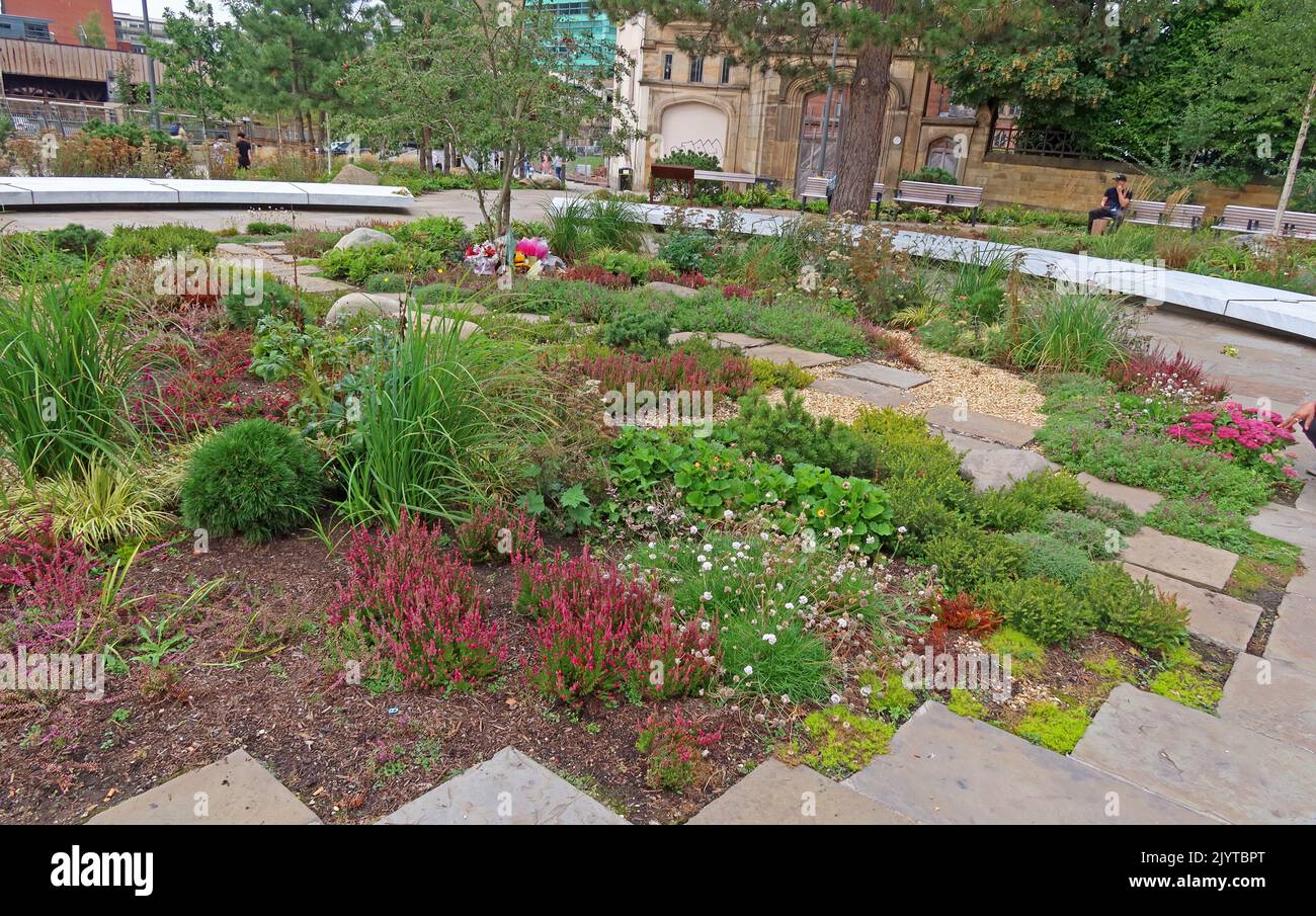 The Glade Of Light memorial, commemorates the victims of the Manchester Arena bombing of 2017 - Victoria St, Manchester,England, UK,M3 1SX Stock Photo