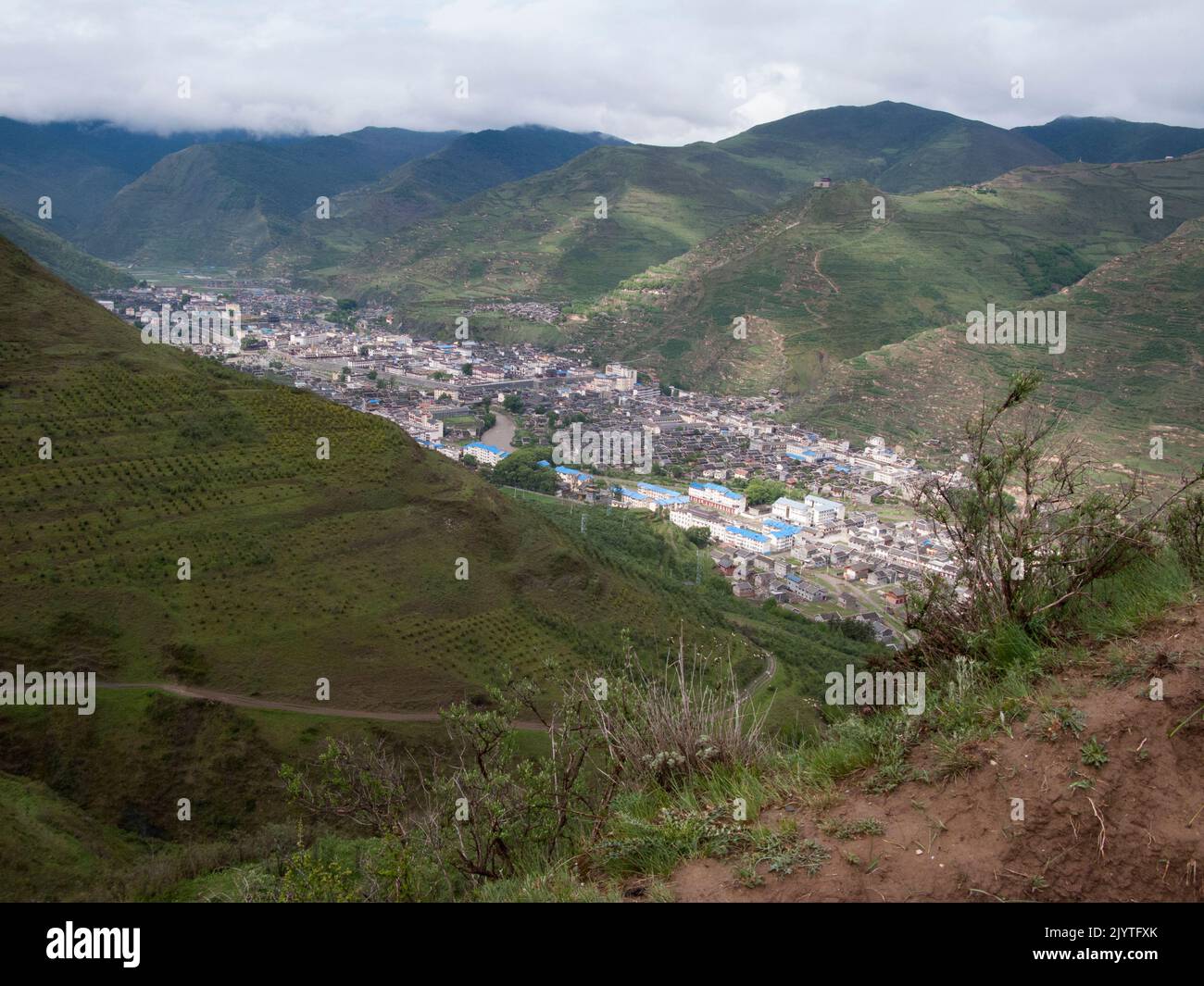 Beautiful scenery including mountains, valleys and landscape of the countryside with view over Songpan ancient town in northern Sichuan province, China. PRC. (126) Stock Photo