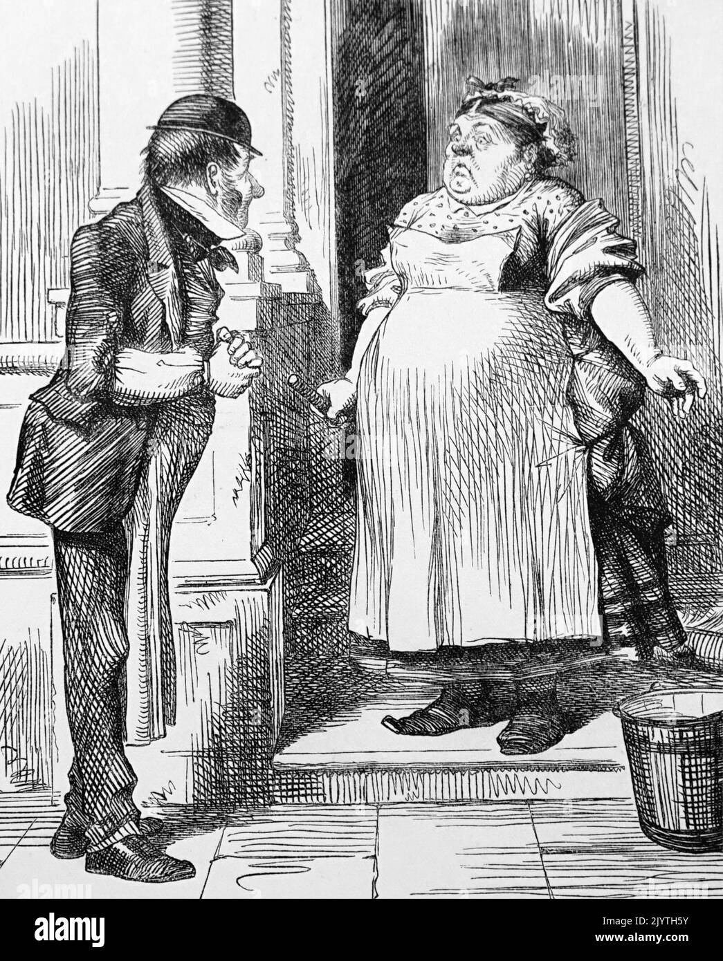 Illustration depicting an overweight maid opening the front door of the house she works in. Dated 19th Century Stock Photo