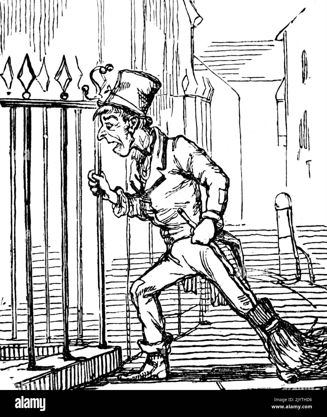 Cartoon depicting a street sweeper. Dated 19th Century Stock Photo