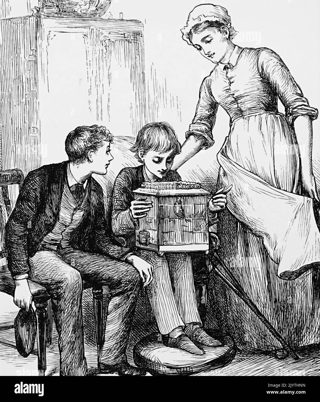 Illustration depicting a maid watching the boy with his pet