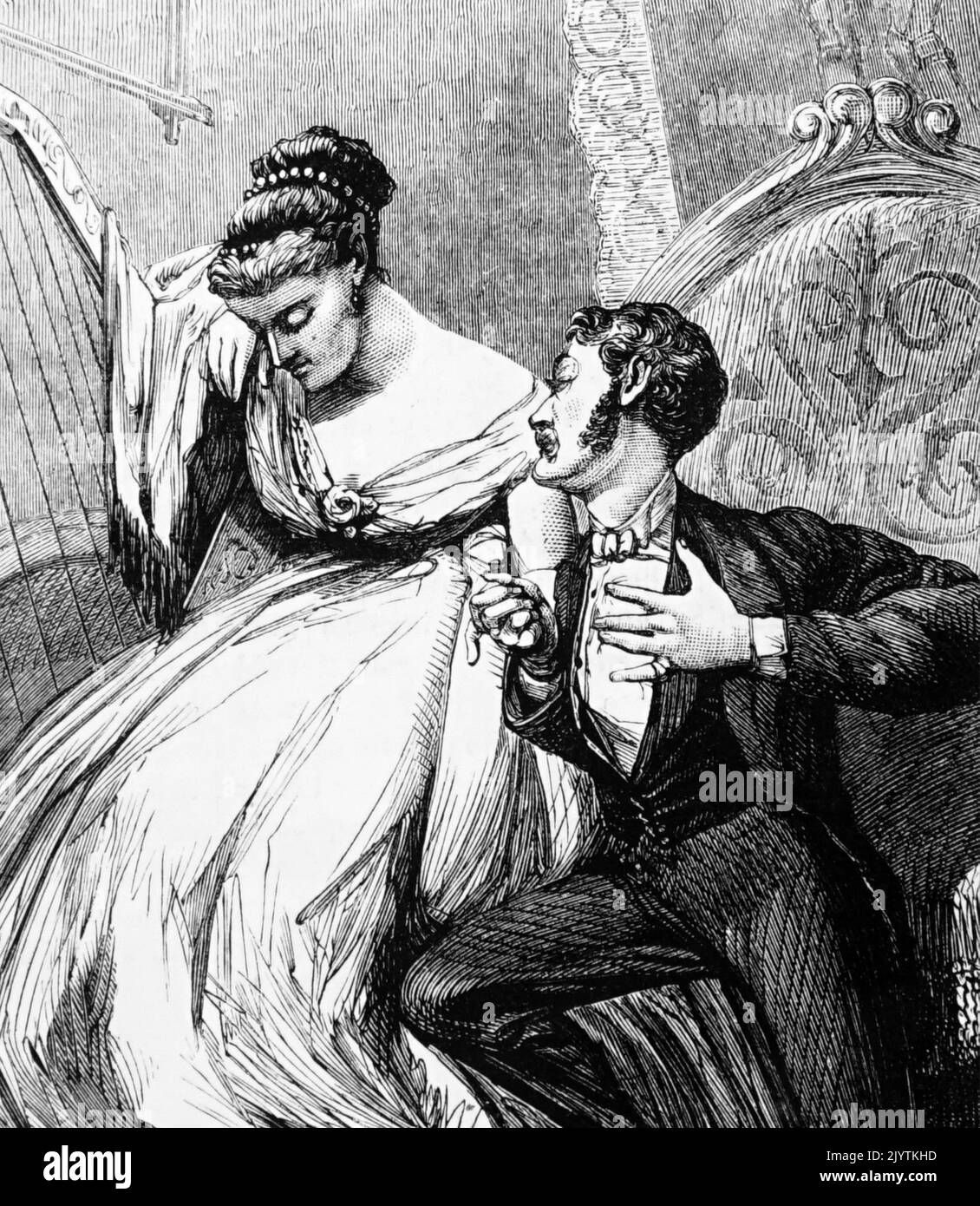 Illustration depicting a harpist holding the hand of her lover. Dated 