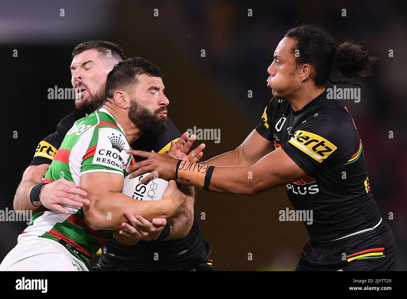 Rabbitohs Josh Mansour is tackled during the Round 23 NRL match between the  Penrith Panthers and the South Sydney Rabbitohs at Suncorp Stadium on the  Gold Coast, Friday, August 21, 2020. (AAP