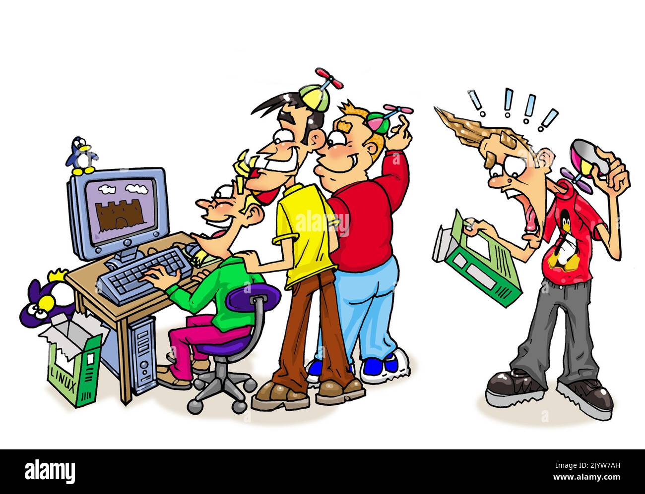 Cartoon group of men enjoying computer game, one propeller head geek is excited by the game, or upset at the technical specifications needed to run it Stock Photo