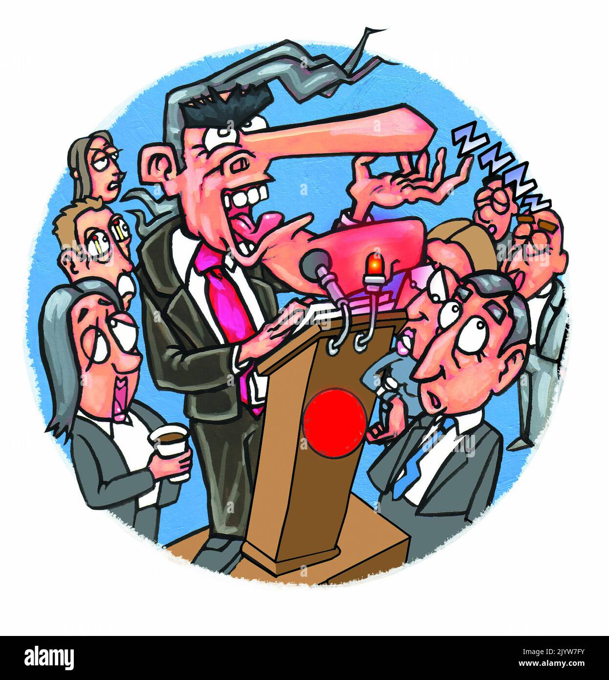 Cartoon art illustration of a politician on the campaign trail, standing at a podium, in front of microphones, speaking to bored members of the press Stock Photo