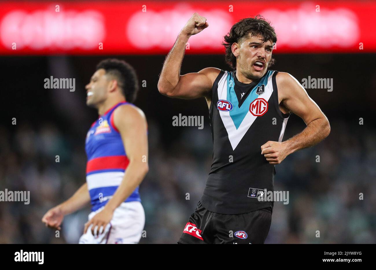Riley Bonner of the Power celebrates a goal during the AFL Preliminary Final match between the