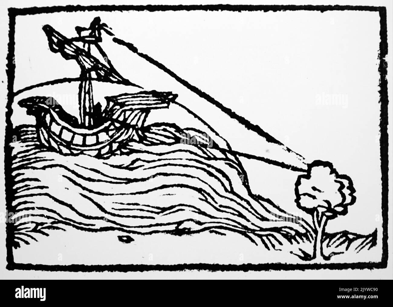 Woodcut print depicting how the distance between the shore and the ship was observed. Dated 16th Century Stock Photo