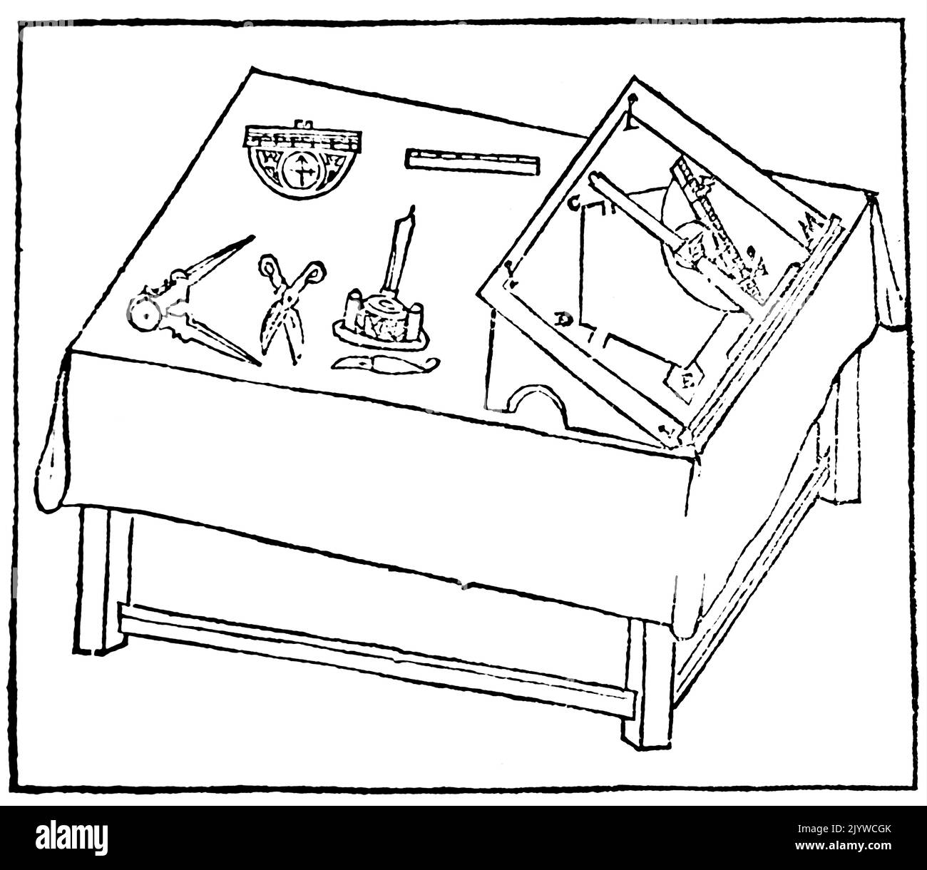 Illustration depicting a drawing table showing a graduated Tsquare in