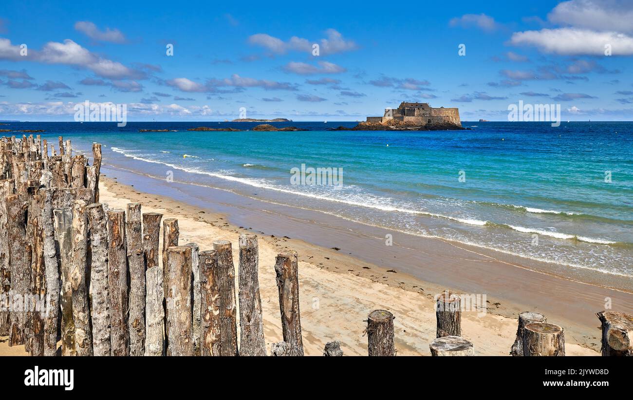 Image of National Fort, beach and timber sea defence, St Malo, France Stock Photo