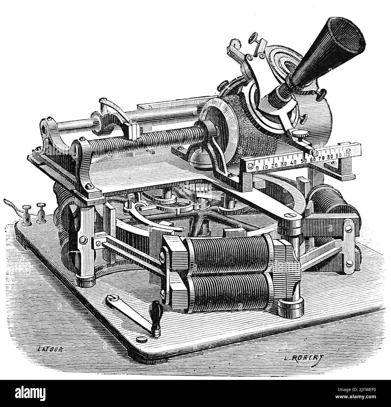 Illustration of Edison's recording apparatus. The apparatus was used for making recordings on a wax disc, showing the clockwork mechanism housed in the stand under the disc. Dated 19th Century Stock Photo