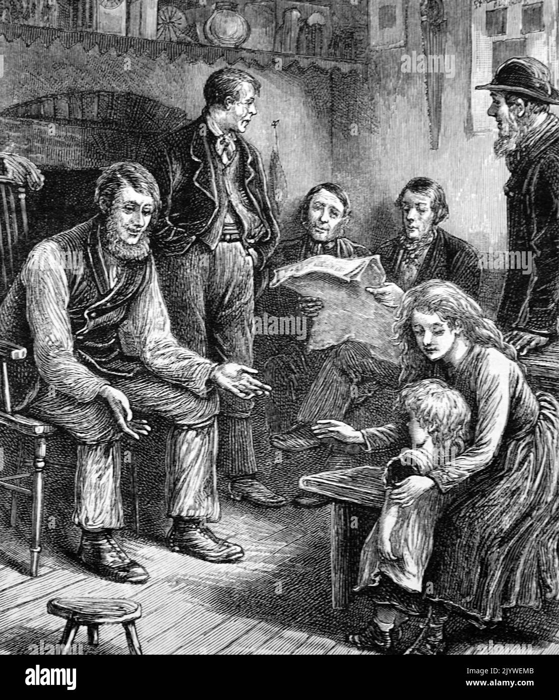 Engraving depicting a preacher telling a bible story to a young girl at an inn. Dated 19th Century Stock Photo