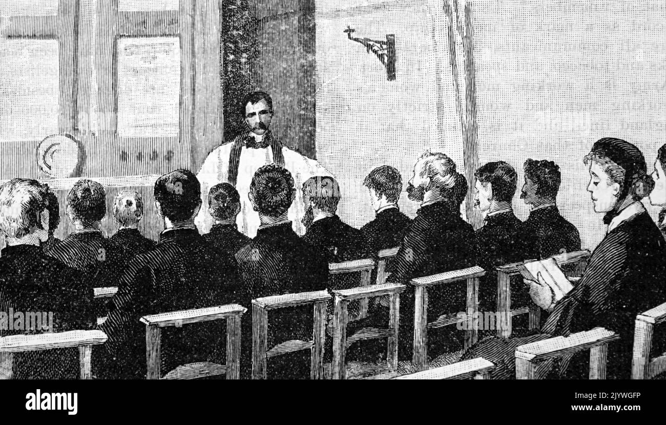Illustration depicting a Sunday morning mass. Dated 19th Century Stock Photo