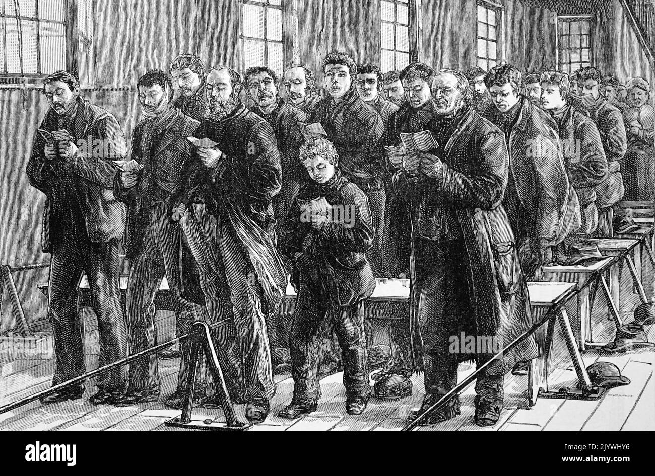 Illustration depicting men singing hymns on a Sunday morning. Dated 19th Century Stock Photo