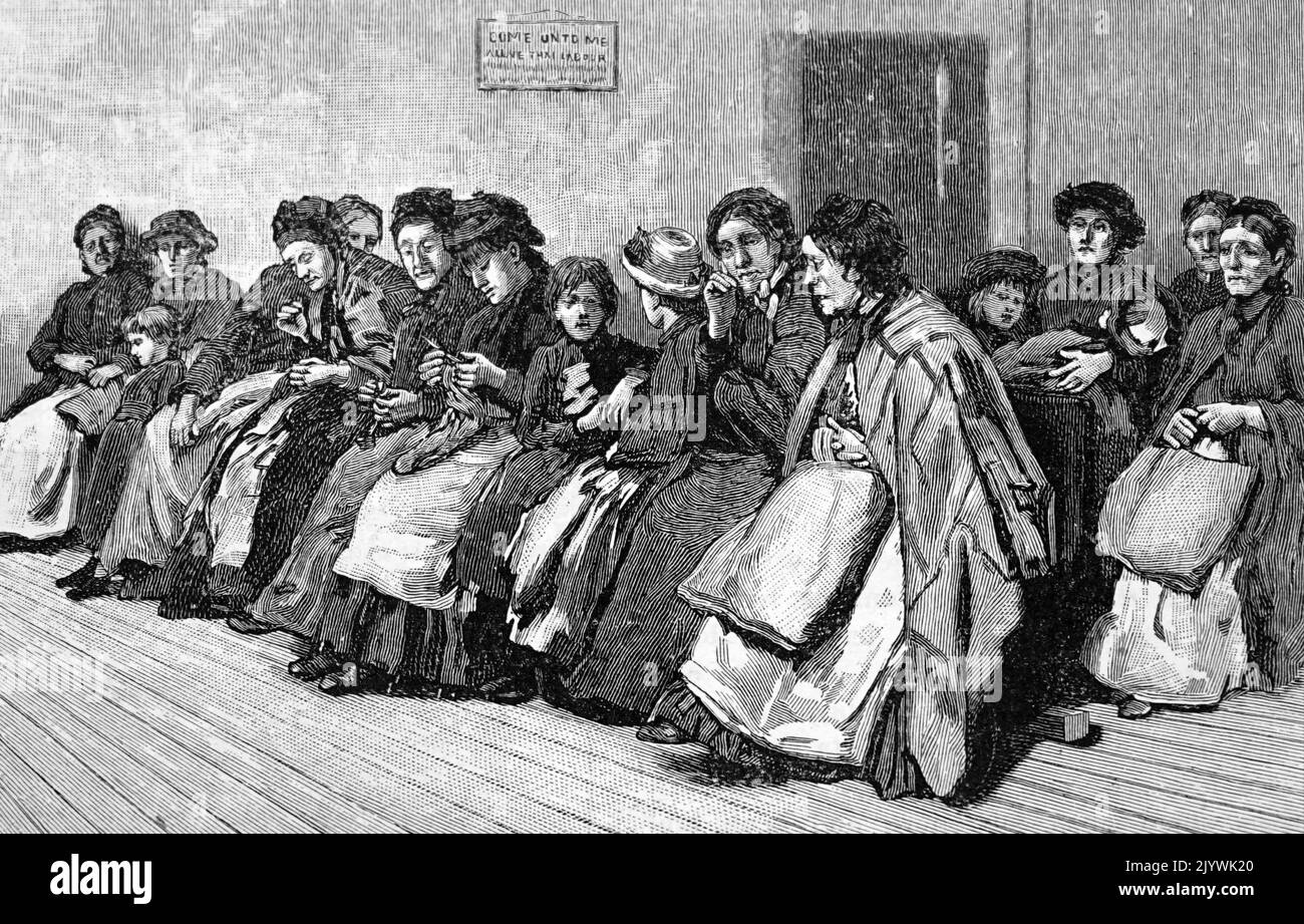 Illustration depicting destitute women awaiting shelter for the night. Dated 19th Century Stock Photo