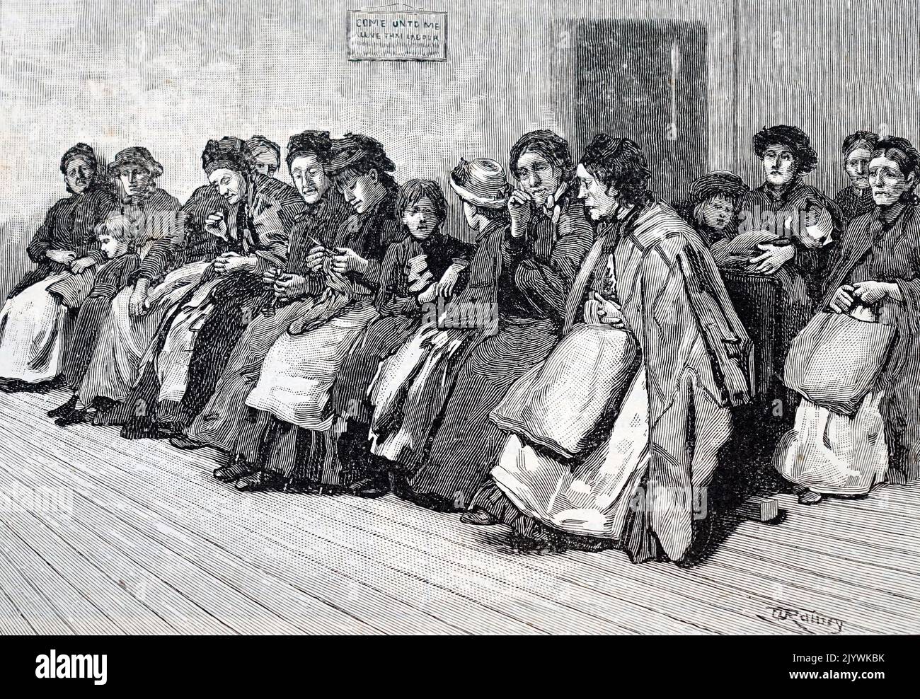 Illustration depicting destitute women awaiting shelter for the night. Dated 19th Century Stock Photo