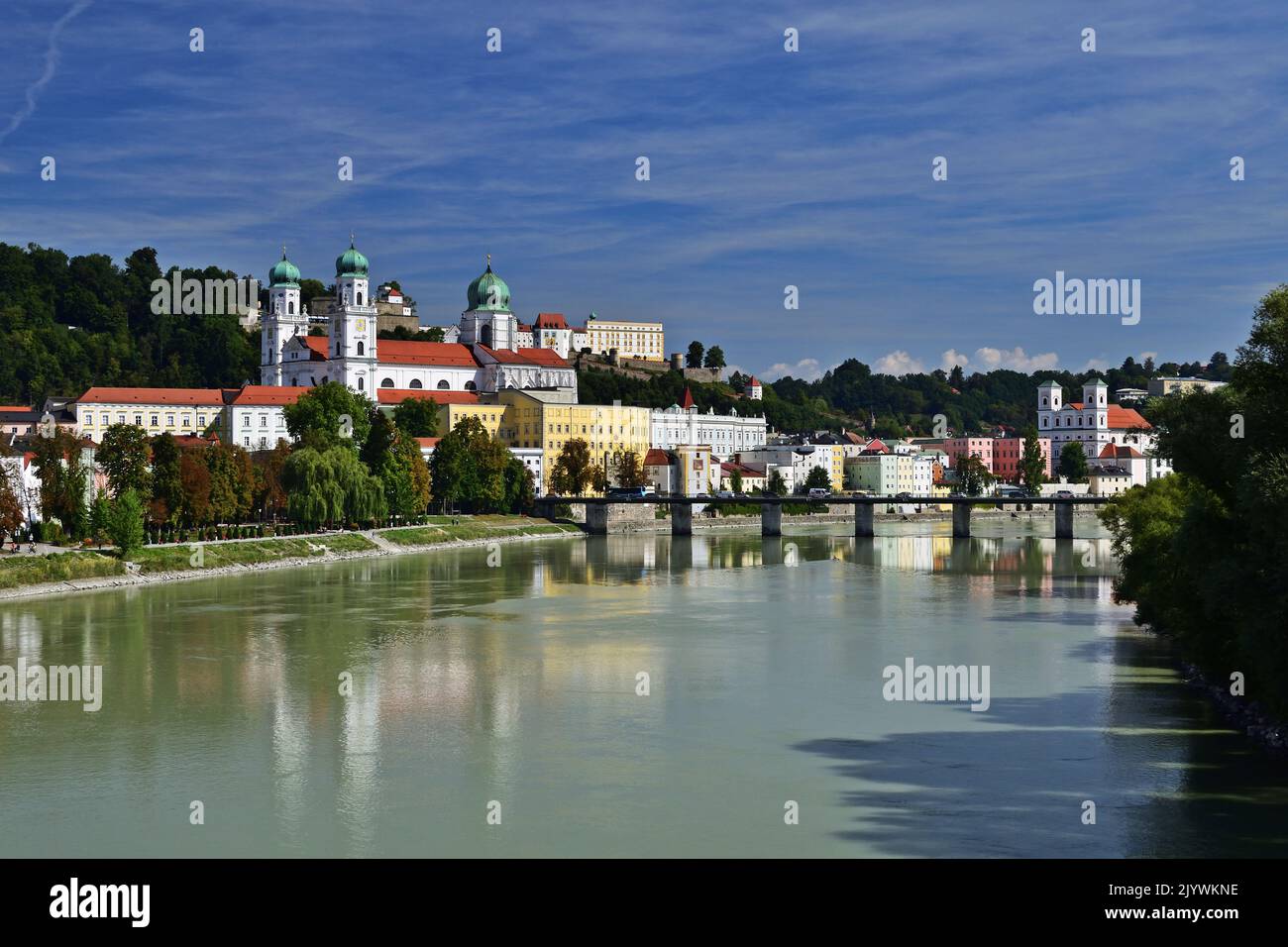 Downtown Passau and Inn river, Bavaria, Germany Stock Photo