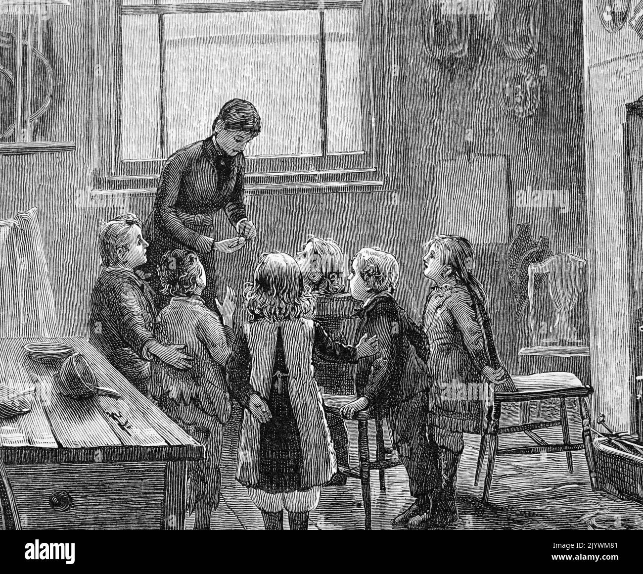 Illustration depicting a teacher showing her students sovereign coins from her purse, as part of show-and-tell. Dated 19th Century Stock Photo