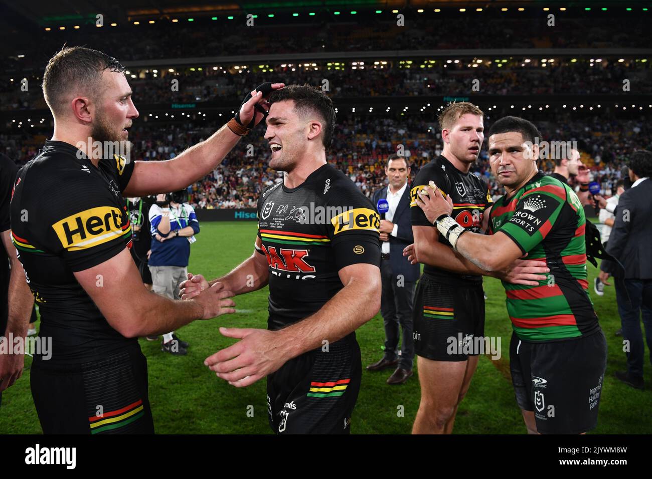 Panthers players Kurt Capewell (left) and Nathan Cleary celebrate as