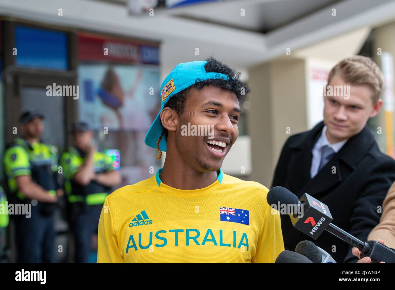 AFL Final pitch invader Abra Bol (22) leaves the Magistrates Court in  Perth, Tuesday, October 5, 2021. Abra Bol, the cousin of Olympic runner  Peter Bol, invaded the pitch at three-quarter-time during