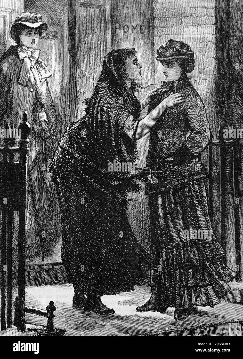 Illustration depicting a homeless woman pleading for shelter at a women's refuge in London. Dated 19th Century Stock Photo