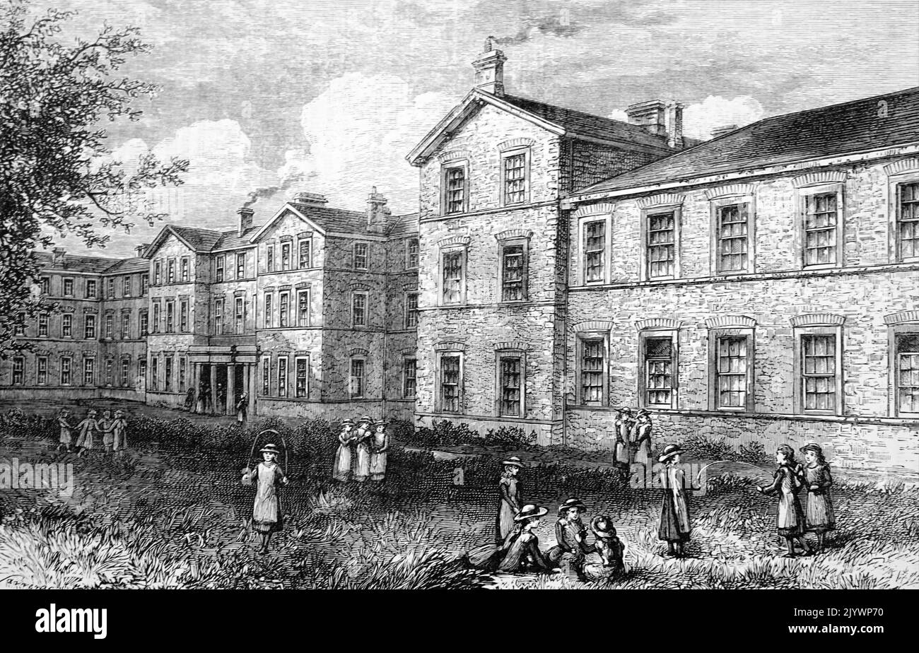 Illustration depicting the exterior of the Metropolitan Police Orphanage. Dated 19th Century Stock Photo