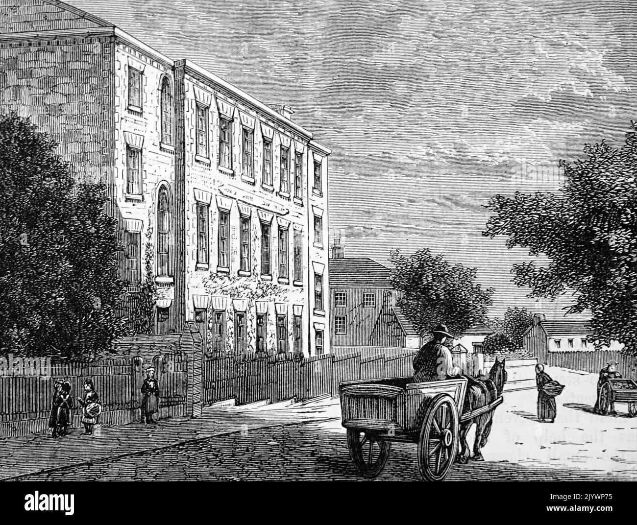 Illustration depicting the exterior of the Birds Nest charitable institution. Dated 19th Century Stock Photo