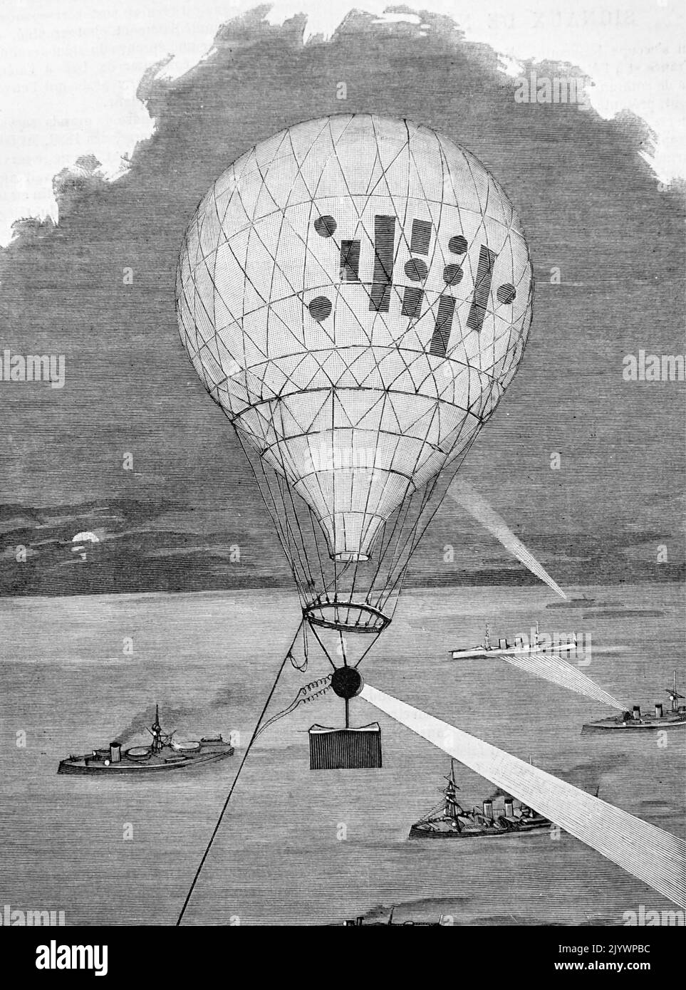 Illustration depicting a hot-air balloon assisting in the search of a man lost at sea by shinning a huge light into the night sky. Dated 19th Century Stock Photo